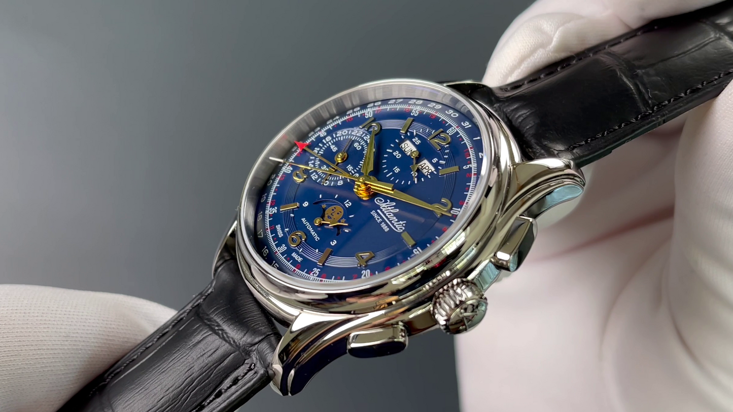 Atlantic Worldmaster 1888 Automatic Moonphase Chronograph Blau | Limited Edition mit goldenem Uhrwerk