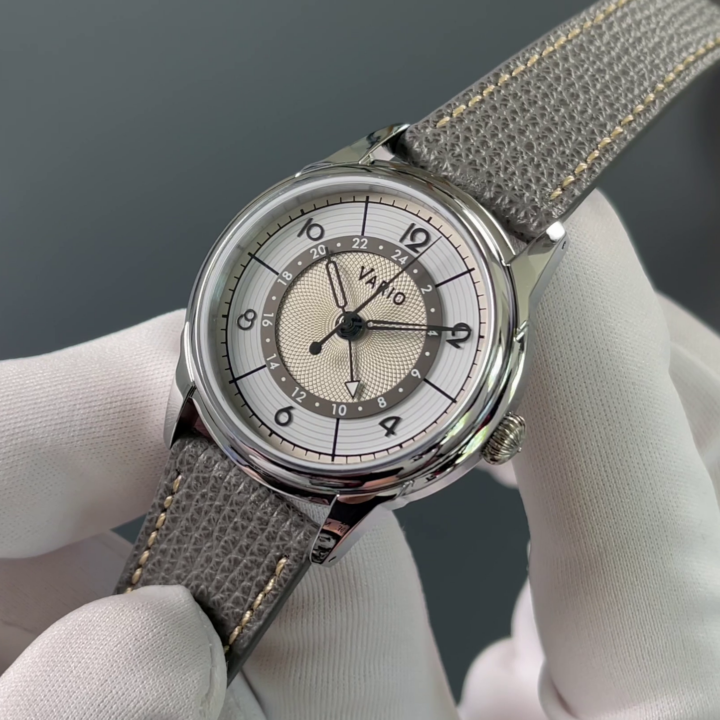 Vario Empire Seasons True GMT Winter White Handwound Dress Watch Epsom Pewter Gray Limited Edition 38 mm