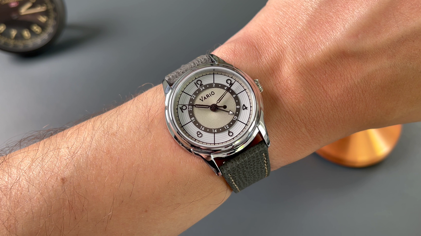 Vario Empire Seasons True GMT Winter White Handwound Dress Watch Epsom Pewter Gray Limited Edition 38 mm