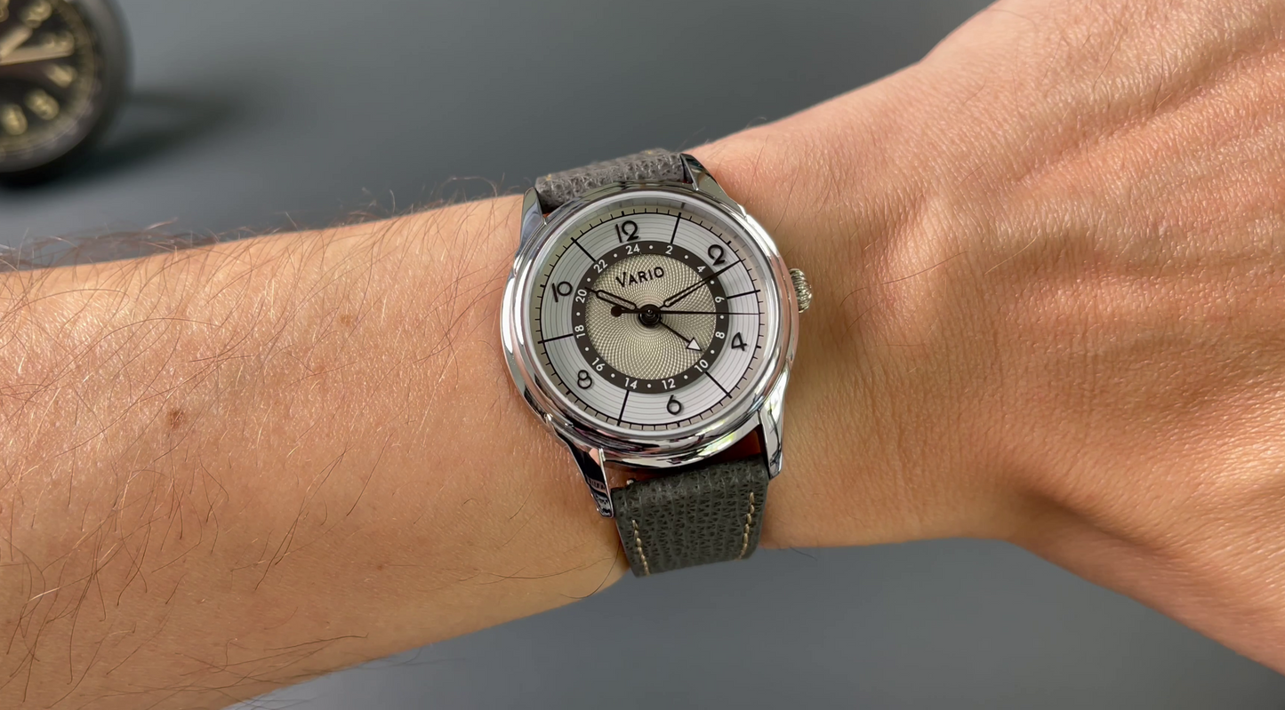 Vario Empire Seasons True GMT Winter White Handwound Dress Watch Epsom Pewter Gray Limited Edition 38 mm