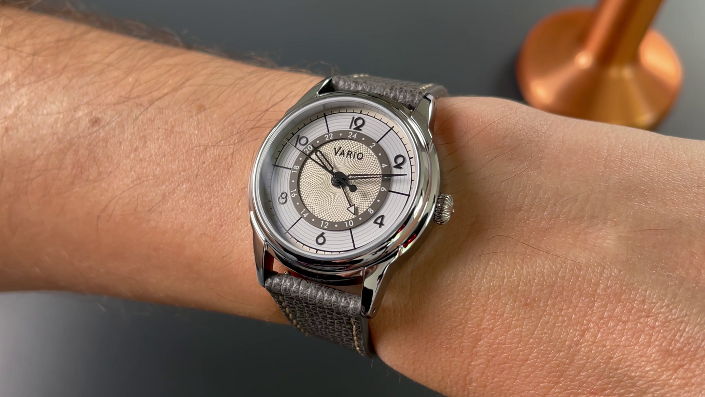 Vario Empire Seasons True GMT Winter White Handwound Dress Watch Epsom Pewter Gray Limited Edition 38 mm