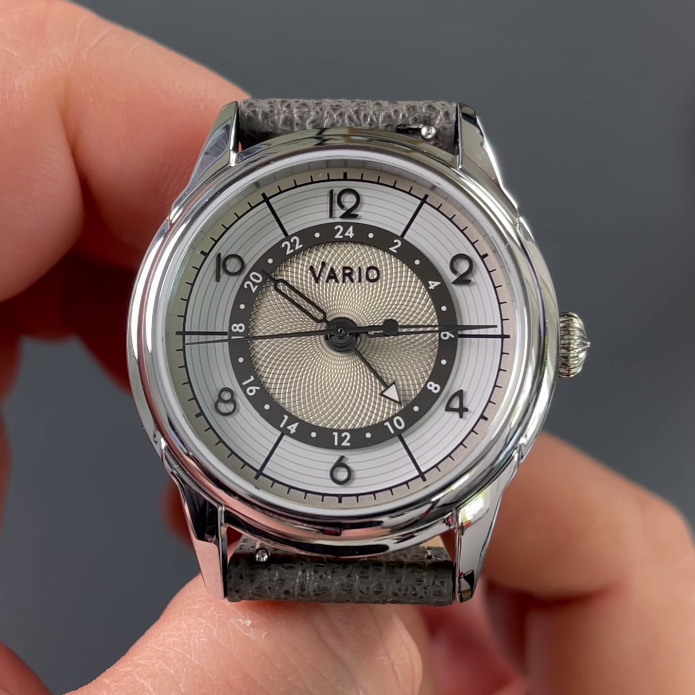 Vario Empire Seasons True GMT Winter White Handwound Dress Watch Epsom Pewter Gray Limited Edition 38 mm
