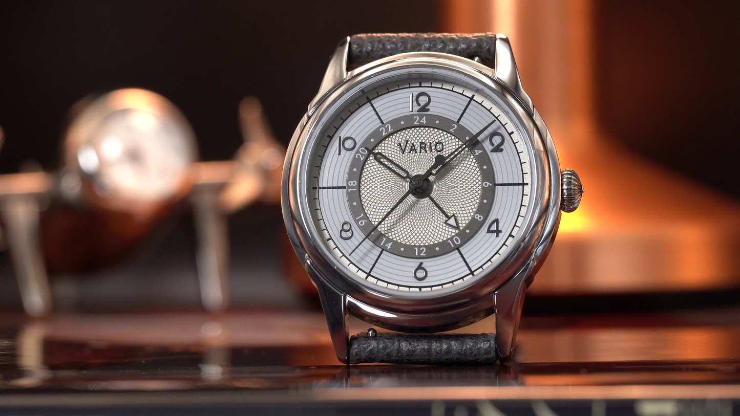 Vario Empire Seasons True GMT Winter White Handwound Dress Watch Epsom Pewter Gray Limited Edition 38 mm
