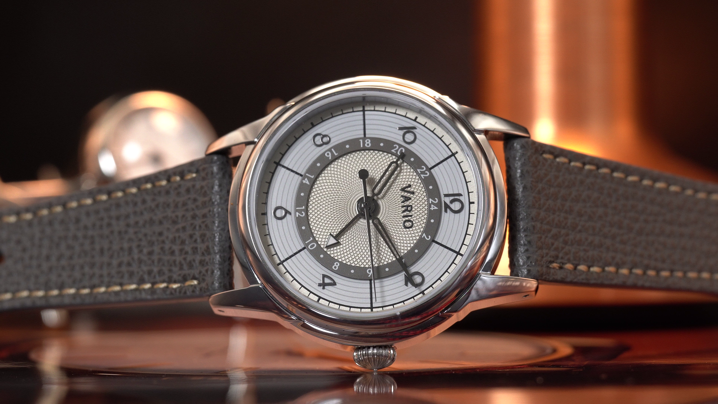 Vario Empire Seasons True GMT Winter White Handwound Dress Watch Epsom Pewter Gray Limited Edition 38 mm