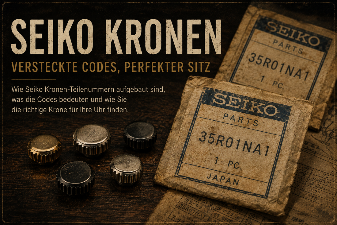 Seiko Kronen – versteckte Codes, perfekter Sitz: NOS-Kronen und historische Seiko-Ersatzteiltüten mit Teilenummer 35R01NA1
