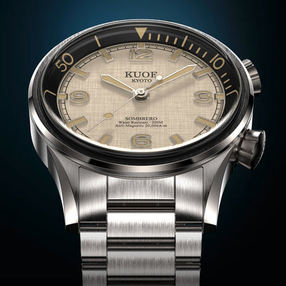 KUOE SOMBRERO 90-011, 38 mm, Ivory Linen Textured Dial, 20 BAR Wasserdicht