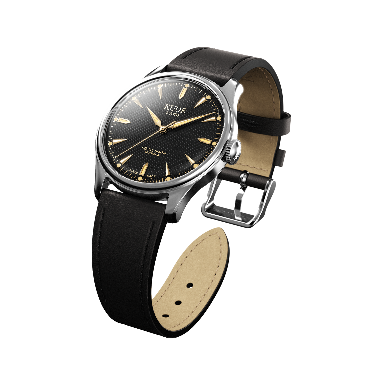KUOE ROYAL SMITH 90-006 Large Silver Case Black Dial - 39 mm