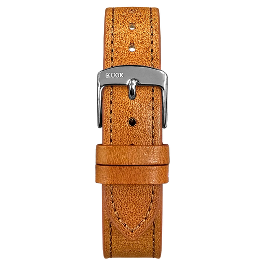 KUOE Original Leather Strap, 18mm, Tan, made of Italian leather, silver clasp