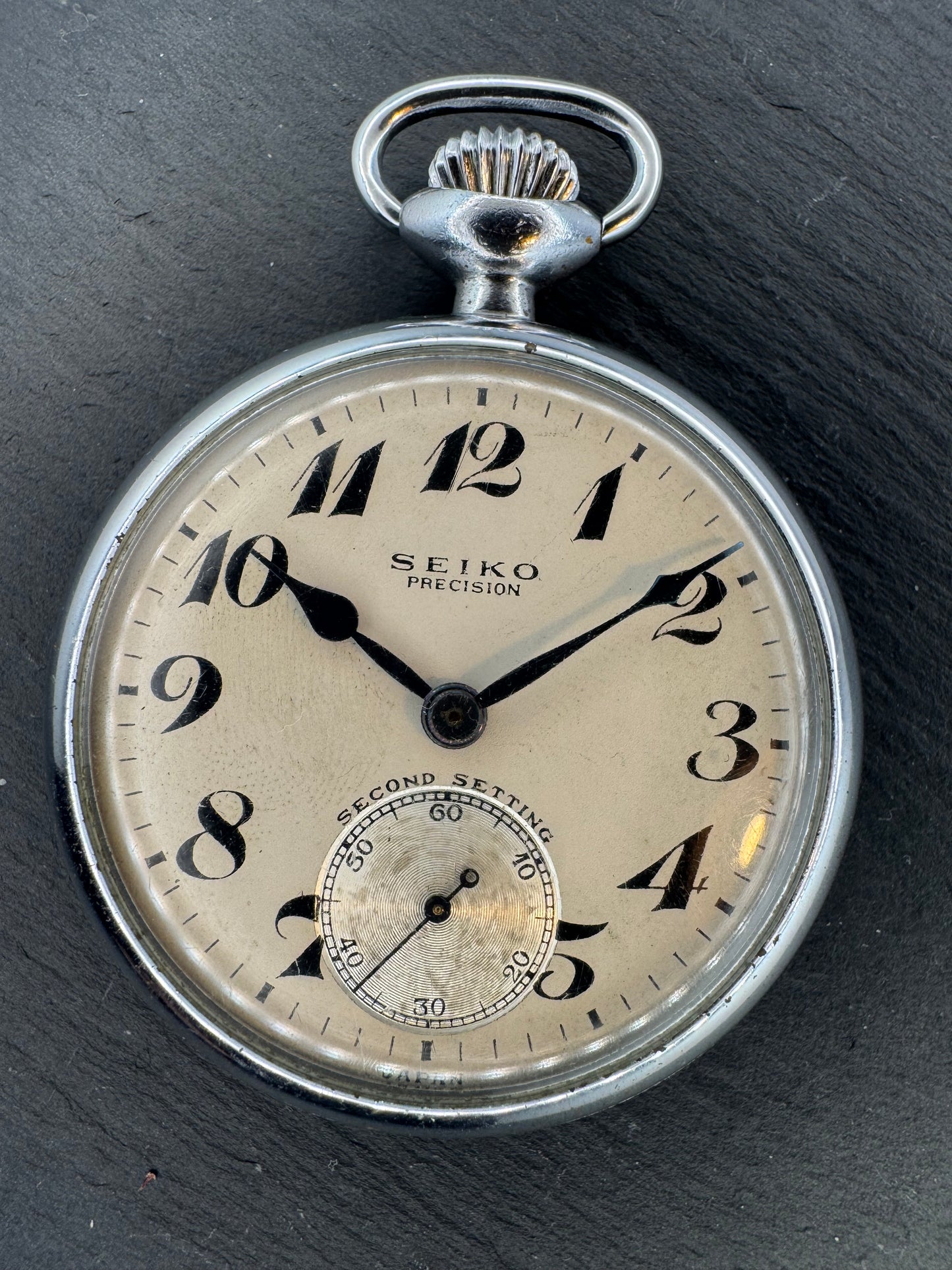 Montre de service ferroviaire japonaise Seiko Precision avec mécanisme de mise à l'heure des secondes (Shōwa 33 / 1958)