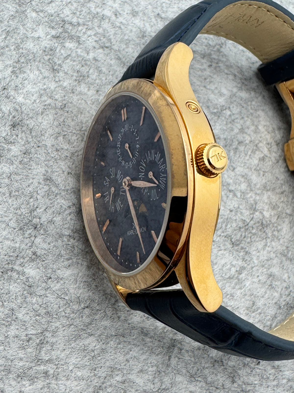 KARL-LEIMON Classic Pioneer "Triple Calendar Moonphase" – navy dial, rose gold-plated case – sold-out edition, virtually unworn with box and papers
