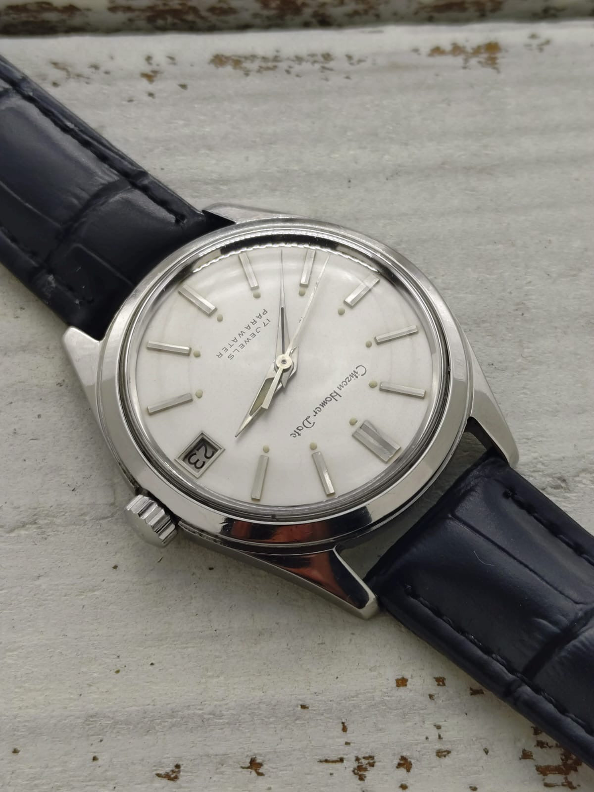 Citizen Homer Date « Parawater » – Réf. 63-1019 – Calibre Homer, 17 rubis, remontage manuel – Acier inoxydable – Mars 1969 – fraîchement révisée