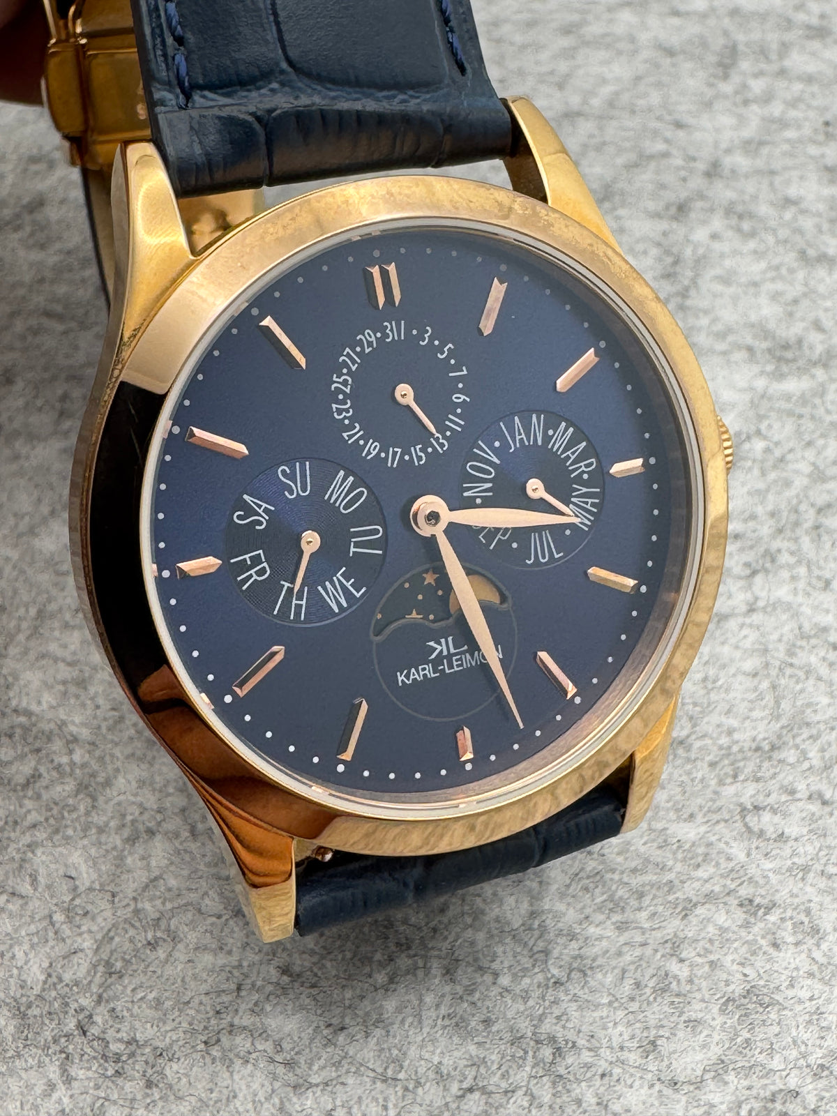 KARL-LEIMON Classic Pioneer "Triple Calendar Moonphase" – navy dial, rose gold-plated case – sold-out edition, virtually unworn with box and papers