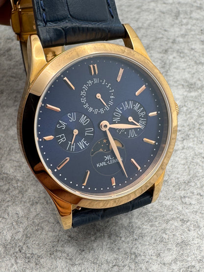 KARL-LEIMON Classic Pioneer "Triple Calendar Moonphase" – navy dial, rose gold-plated case – sold-out edition, virtually unworn with box and papers