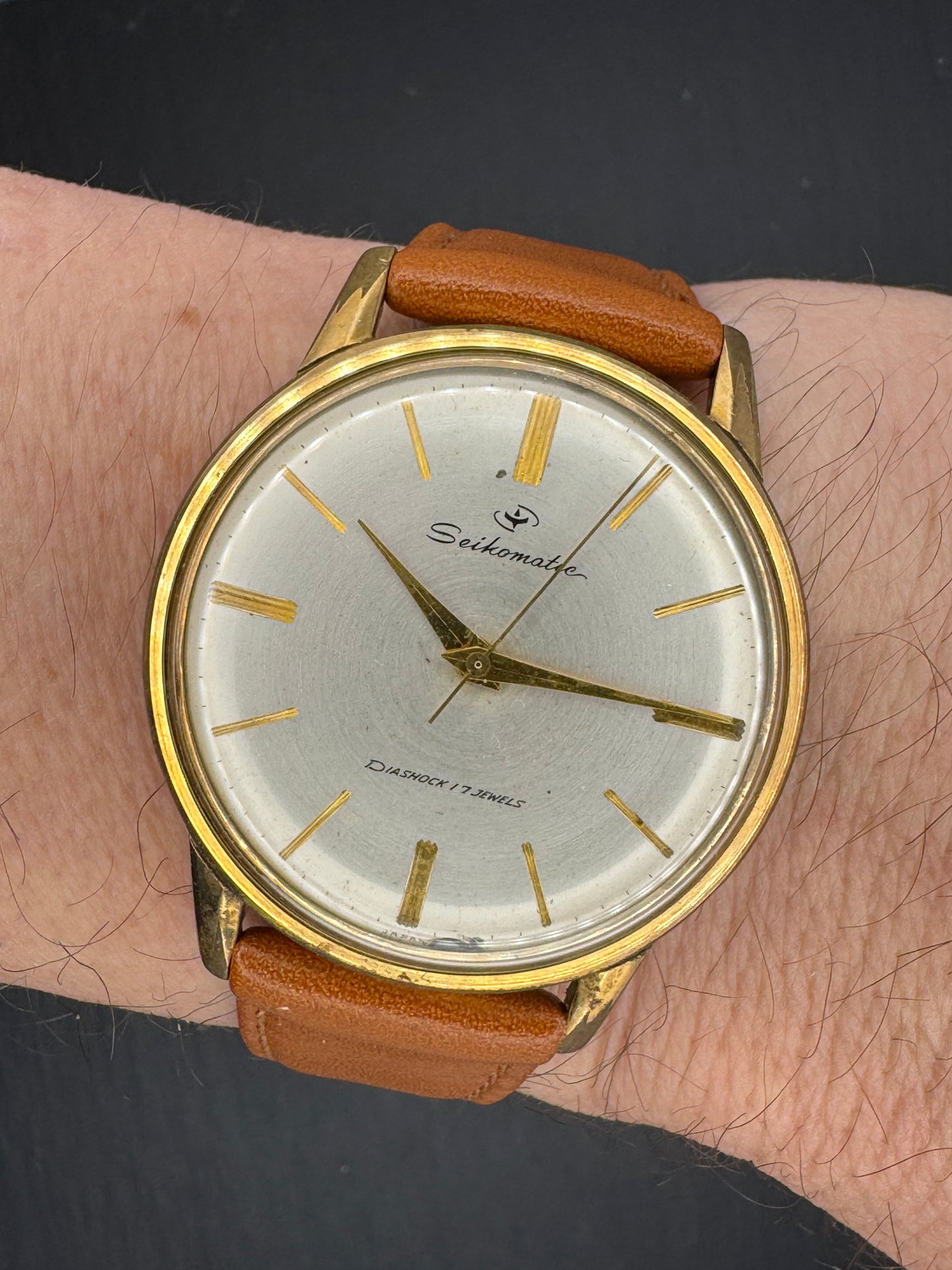 Seiko Seikomatic Ref. 15007DE, goldplattiert, frisch in Japan revidiert, mit NOS-Lederband, frühe 60er Jahre