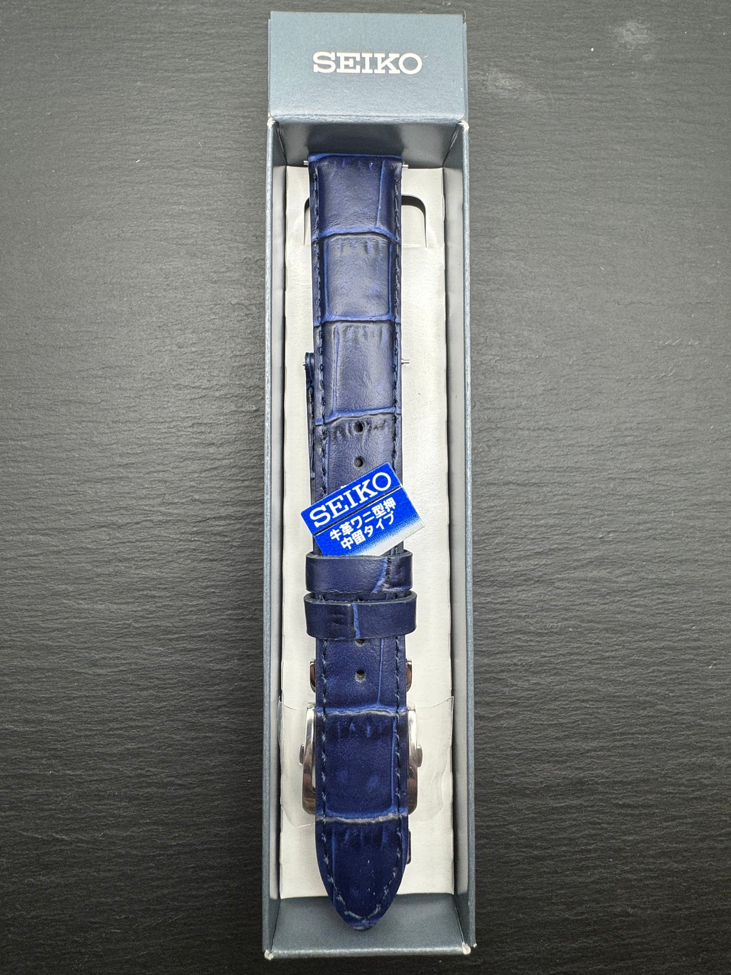Original Seiko Lederarmband RS05C18NY (18–16 mm) mit Faltschließe – Blau (JDM)