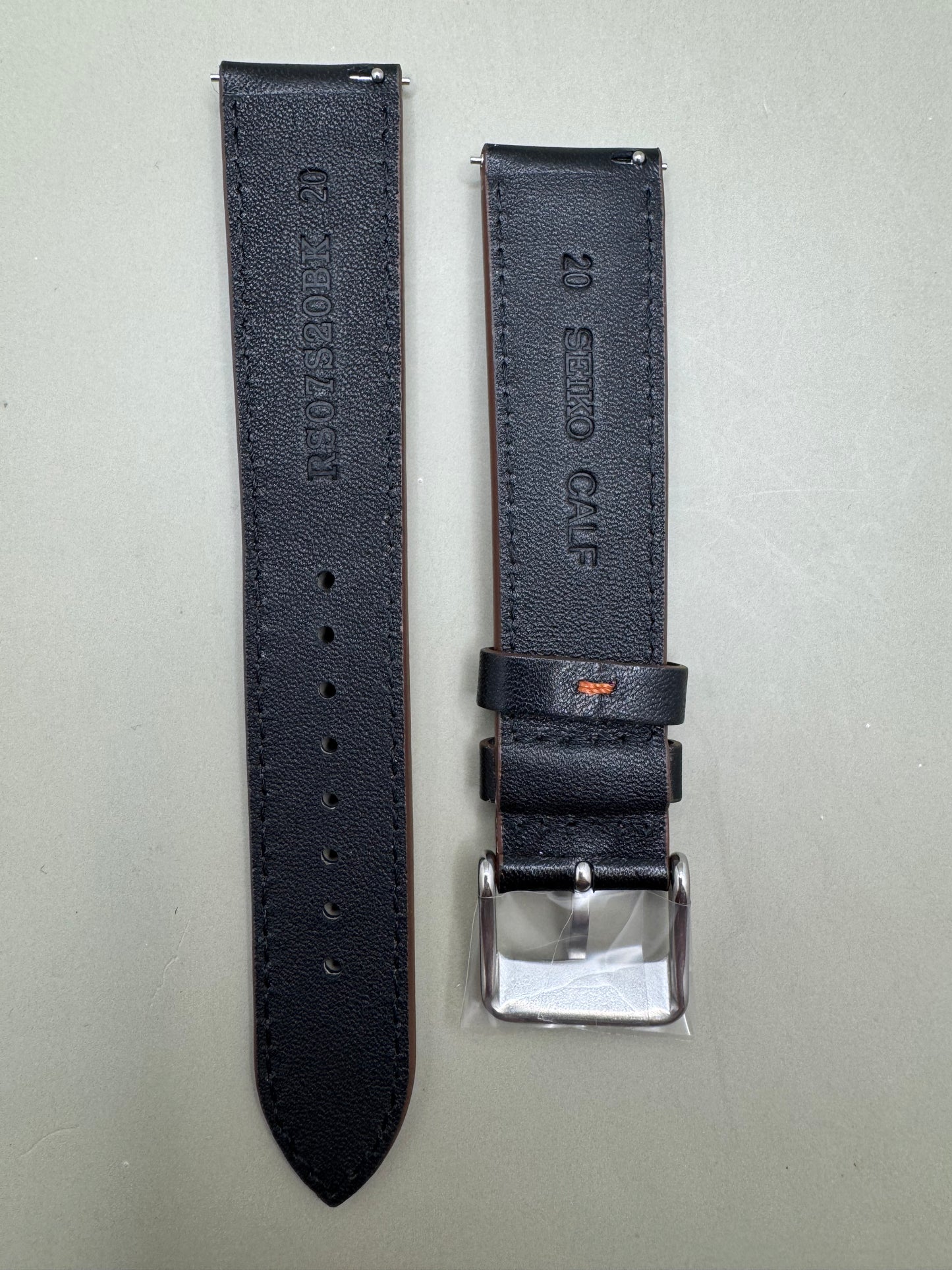 Original Seiko Lederarmband RS07S20BK (20–18 mm) – Schwarz, Kalbsleder, Kontrastnaht (JDM)