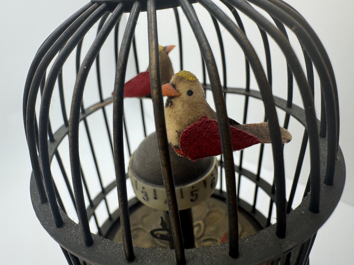Horloge de table cage à oiseaux avec animation Karakuri – laiton, mouvement à ressort – trois oiseaux en mouvement