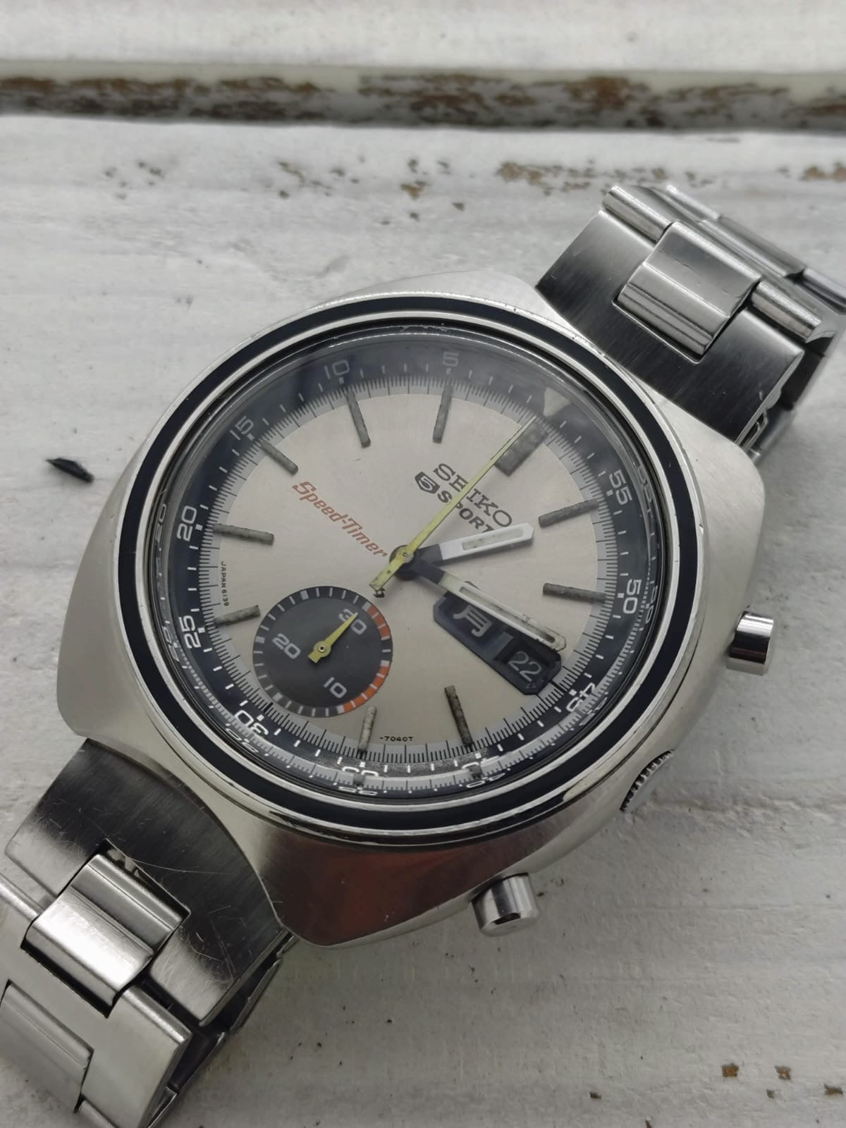 Seiko 5 Sports Speed-Timer 6139-7020 – Caliber 6139, 21 jewels, Suwa Seikosha – champagne dial, original bracelet – November 1971 – freshly serviced
