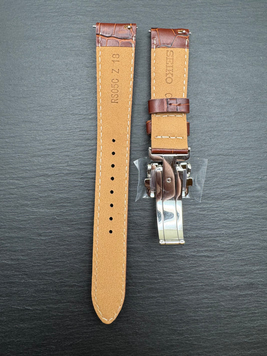 Original Seiko bracelet RS05C18BN 18-16 – 18 mm, calfskin leather with crocodile embossing, brown, folding clasp