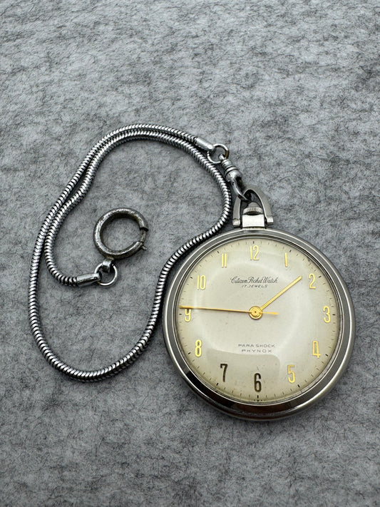 Montre de poche Citizen – 17 rubis – Années 60 – Para Shock – Phynox – Remontage manuel – Vintage Japon