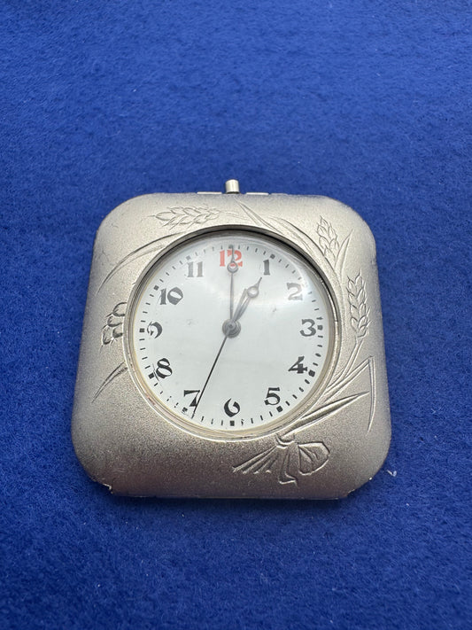 Japanese pocket alarm clock – quartz – engraved folding case with crane and ear of corn motif