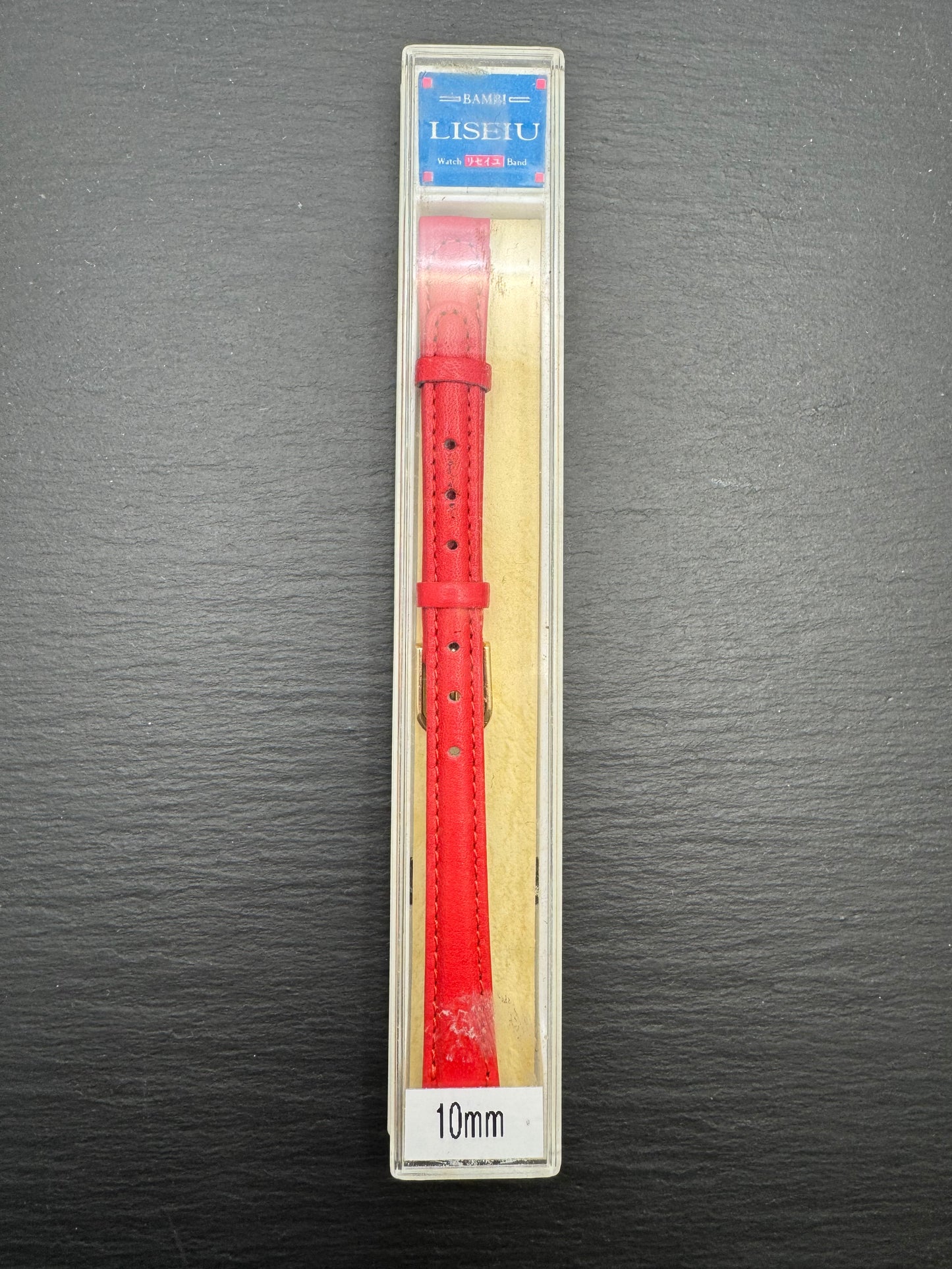 Bambi „Liseiu" – Vintage NOS Echtlederband in Rot, 10 mm, goldfarbene Schließe, mit Box (Japan)