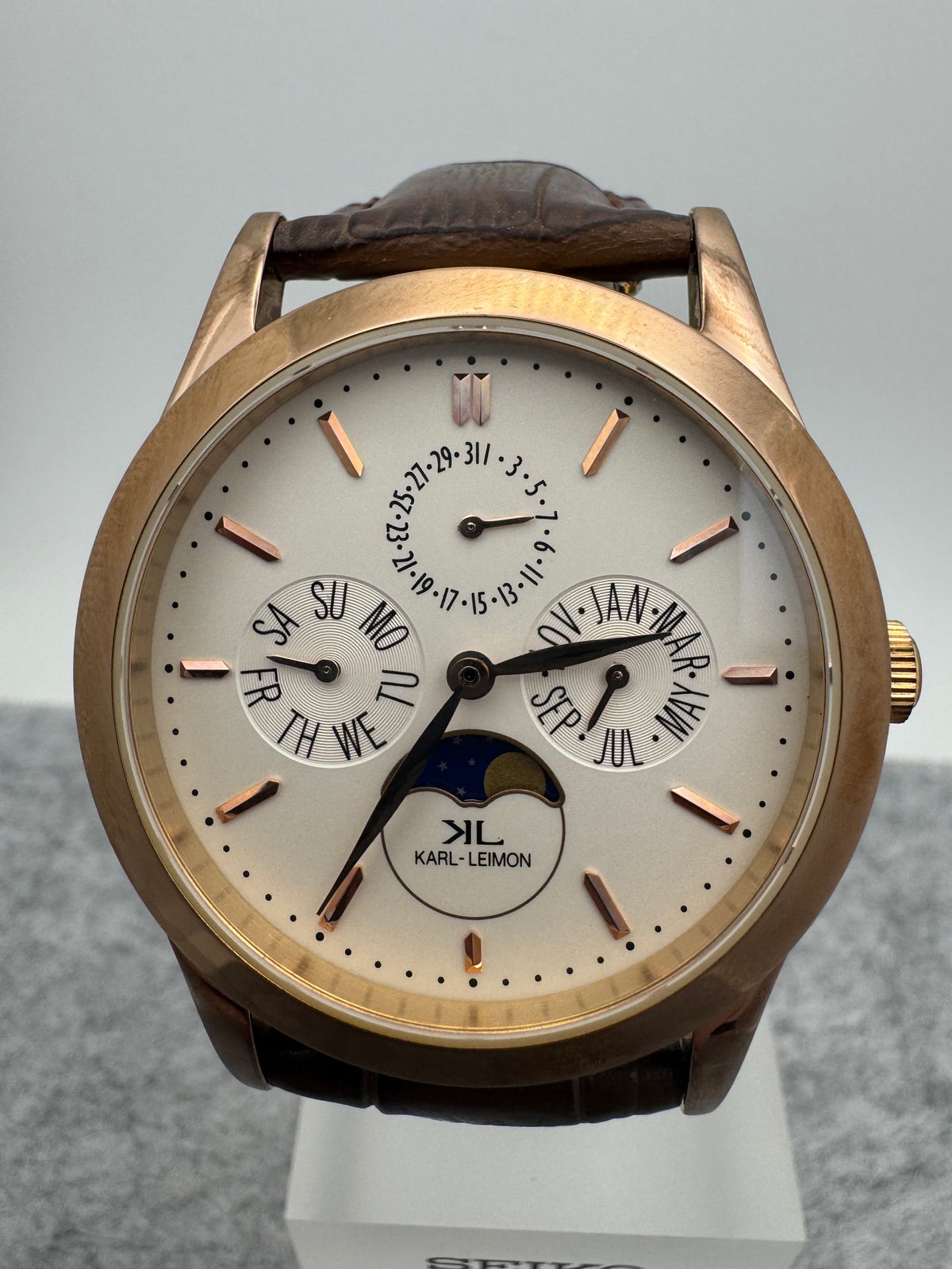 KARL-LEIMON Classic Pioneer – Calendrier complet avec phases de lune – Or rose/Blanc