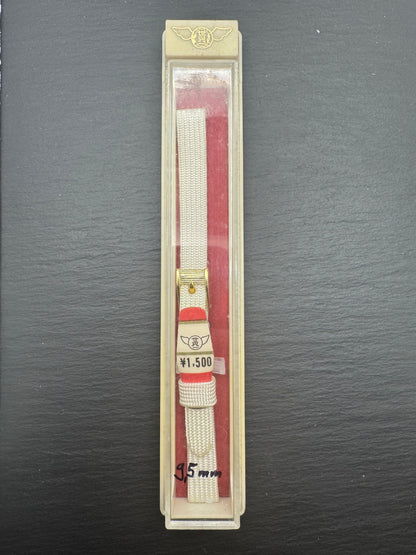 Vintage NOS Textil-Armband in Creme/Weiß, 9,5 mm, goldfarbene Schließe, mit Box (Japan)