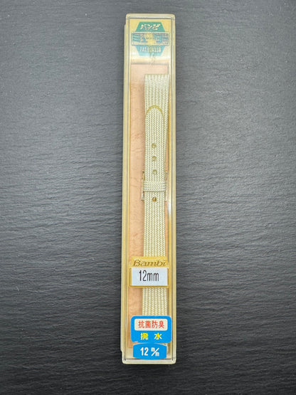 Bambi – Vintage NOS Woven Textile Strap (Perlon Style) in Beige/Cream, 12mm, Signed Bambi Buckle, with Box (Japan)