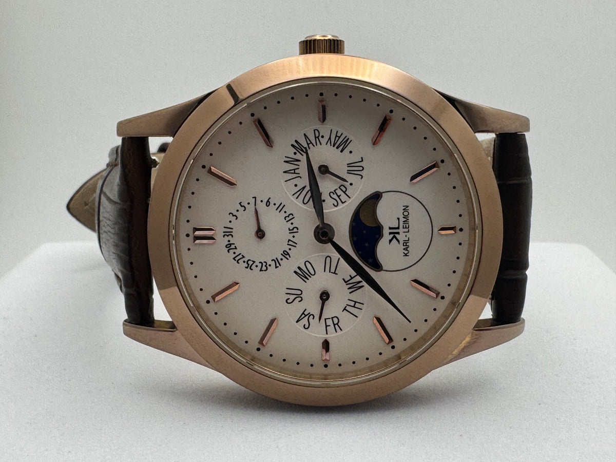 KARL-LEIMON Classic Pioneer – Calendrier complet avec phases de lune – Or rose/Blanc