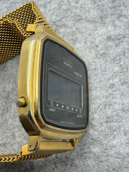 ALBA Quartz Y723-5000 – September 1989 – gold-plated digital watch with Milanese bracelet – serviced