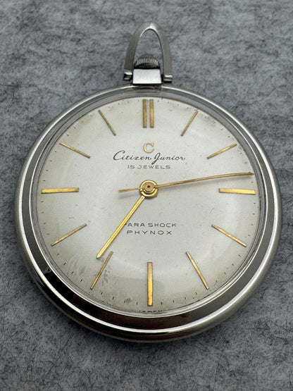 Citizen Junior Pocket Watch – 15 Jewels – Parashock / Phynox – Manual Wind – Freshly Serviced