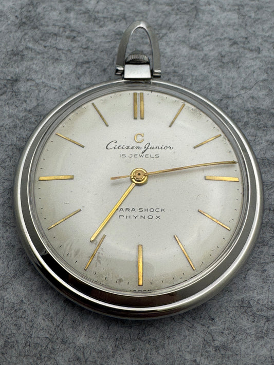 Citizen Junior Pocket Watch – 15 Jewels – Parashock / Phynox – Manual Wind – Freshly Serviced
