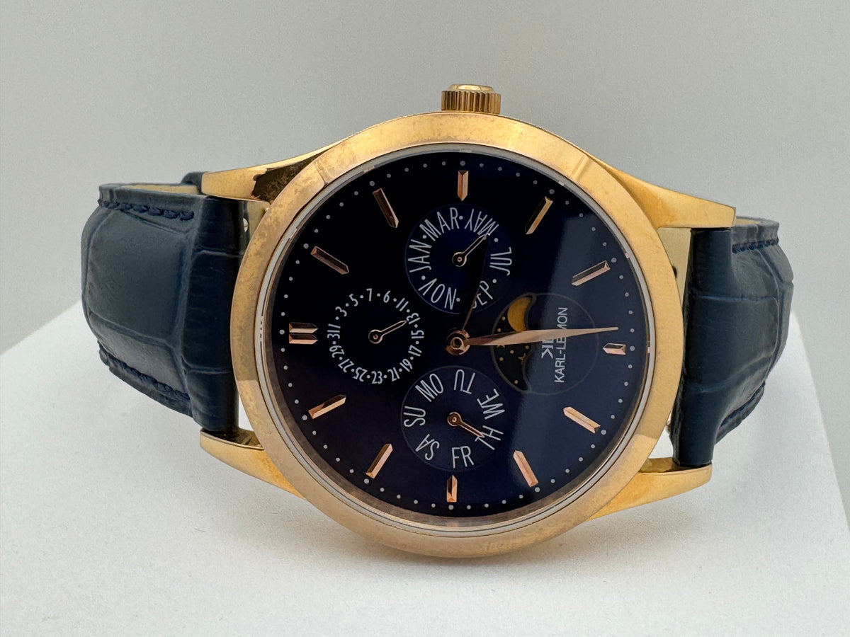 KARL-LEIMON Classic Pioneer "Triple Calendar Moonphase" – navy dial, rose gold-plated case – sold-out edition, virtually unworn with box and papers