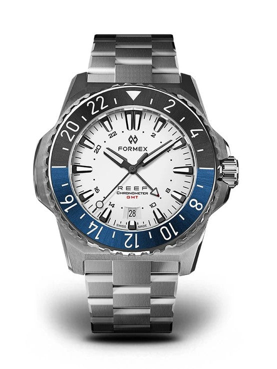 Formex REEF GMT Automatik COSC 300M "Weiss" Bicolor-Lünette Schwarz/Blau, Edelstahlarmband 42mm