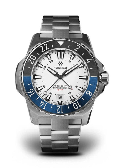 Formex REEF GMT Automatik COSC 300M "Weiss" Bicolor-Lünette Schwarz/Blau, Edelstahlarmband 42mm