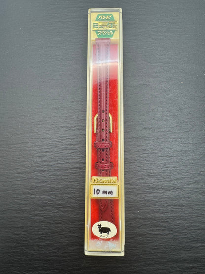 Bambi – Vintage NOS Kalbslederband, 10 mm, Weinrot, goldfarbene signierte Schließe (Japan)