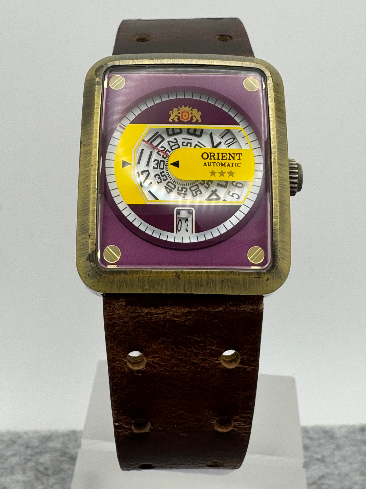 Orient Automatic - burgundy dial, rectangular case 26.5 x 31.1 mm, disc display