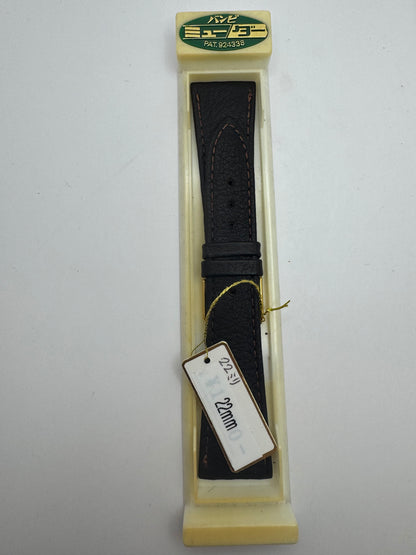 Bambi – Vintage NOS Echtlederband in Dunkelbraun (genarbt), 22 mm, goldfarbene Schließe, mit Box (Japan)