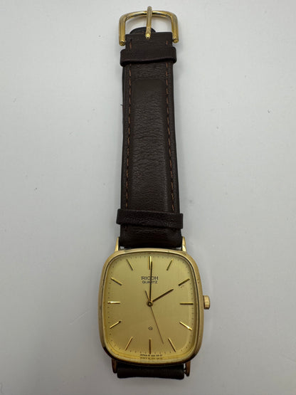 Ricoh Quartz Vintage Dress Watch Ref. 26283-4 – vergoldete rechteckige Japan-Dresswatch mit Originalbox, späte 1980er