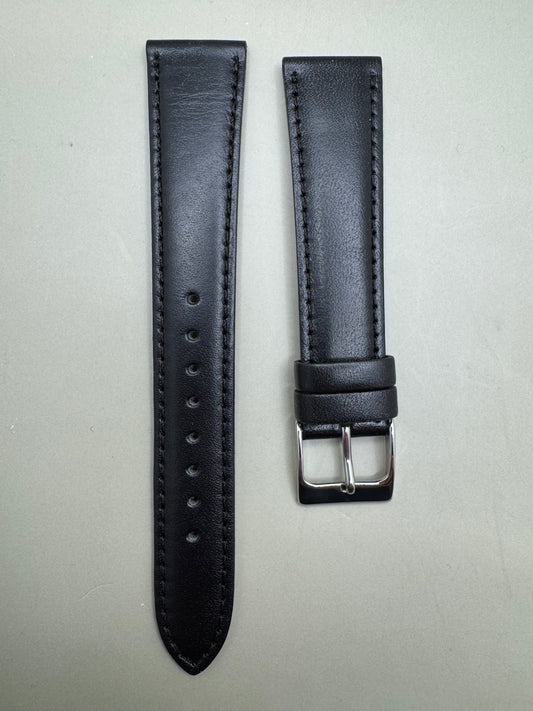 Original Seiko Lederarmband DX59A (18–15 mm) - schwarz mit silberfarbener Dornschließe (JDM)