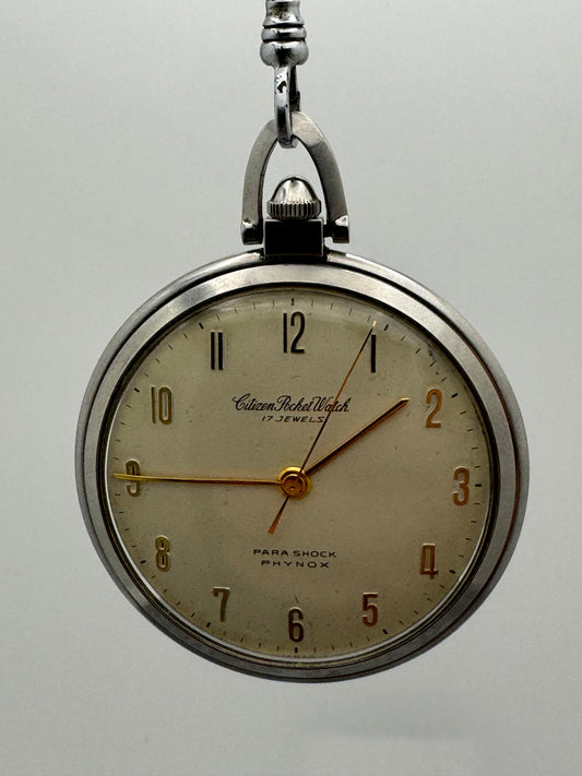 Montre de poche Citizen – 17 rubis – Années 60 – Para Shock – Phynox – Remontage manuel – Vintage Japon