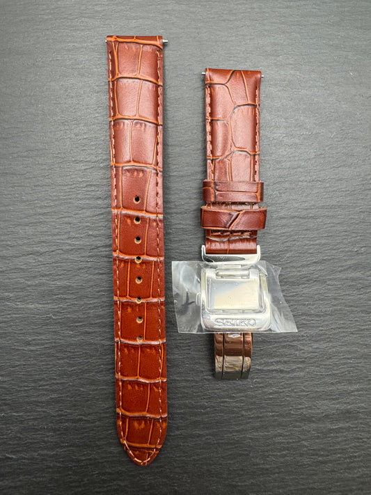 Original Seiko bracelet RS05C18BN 18-16 – 18 mm, calfskin leather with crocodile embossing, brown, folding clasp