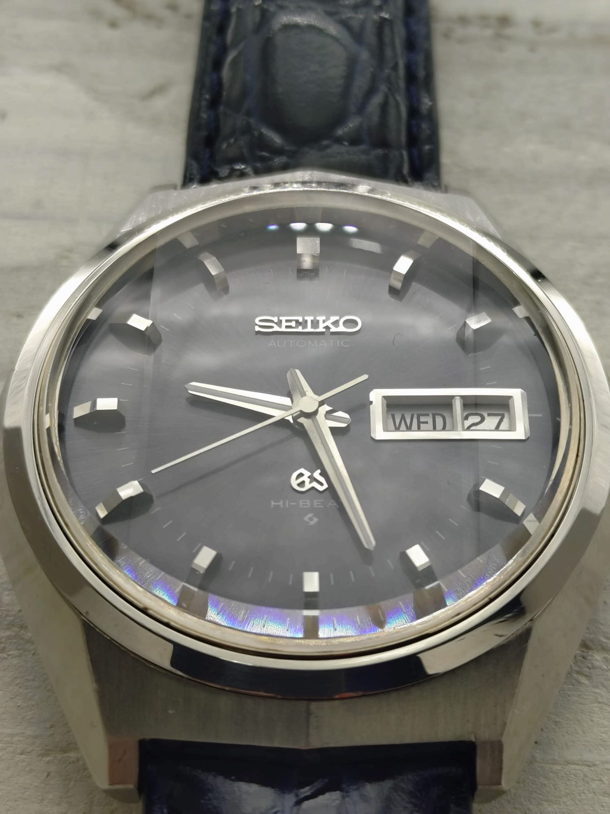 Grand Seiko 61GS Hi-Beat – Ref. 6146-8050 – Caliber 6146A, 36,000 vph, Suwa Seikosha – blue-grey dial, faceted crystal – May 1972 – freshly serviced