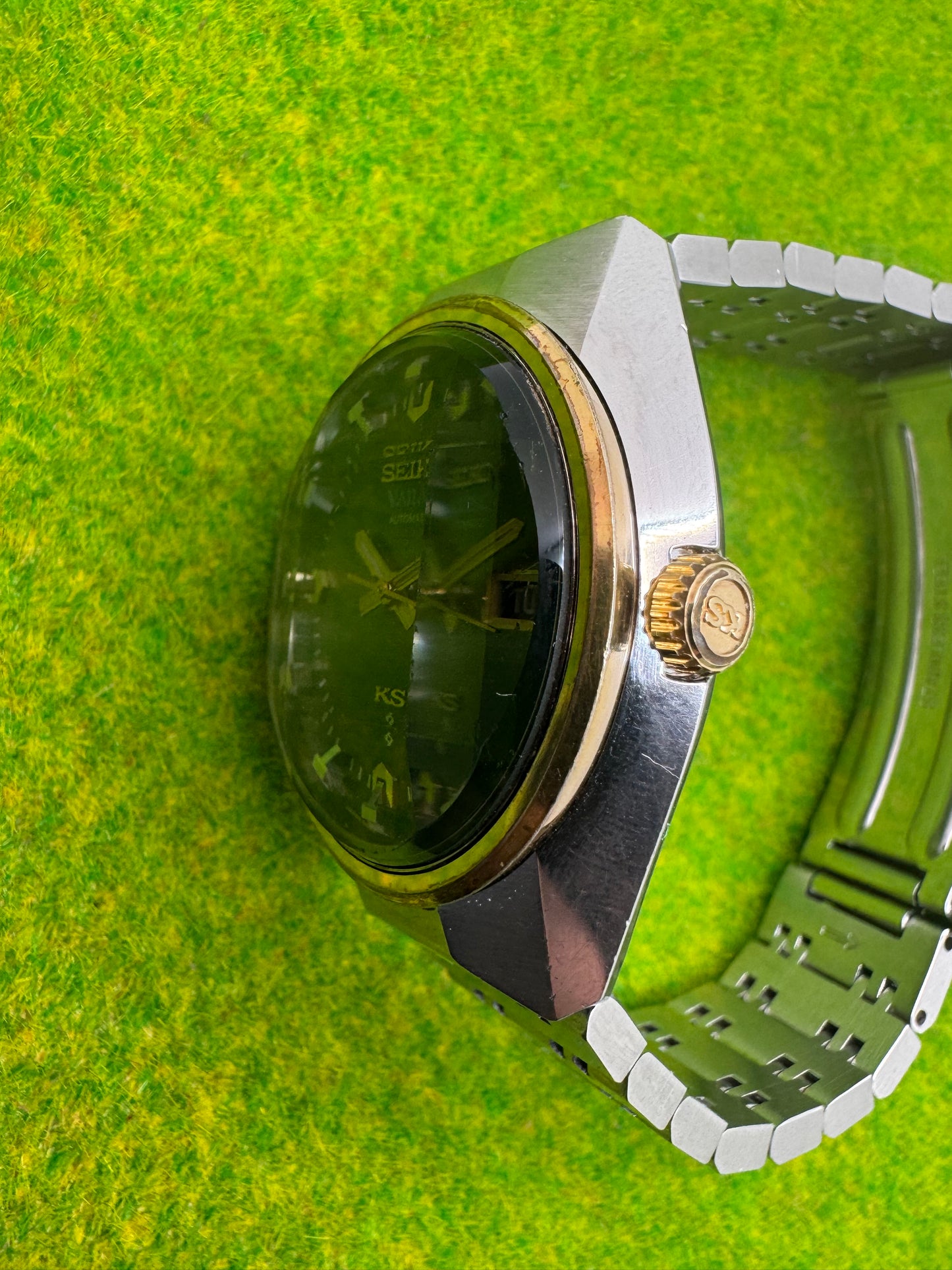 King Seiko VANAC (Juli 1973) – grünes Textur-Zifferblatt, Ref. 5626-7230T, Original-Stahlband