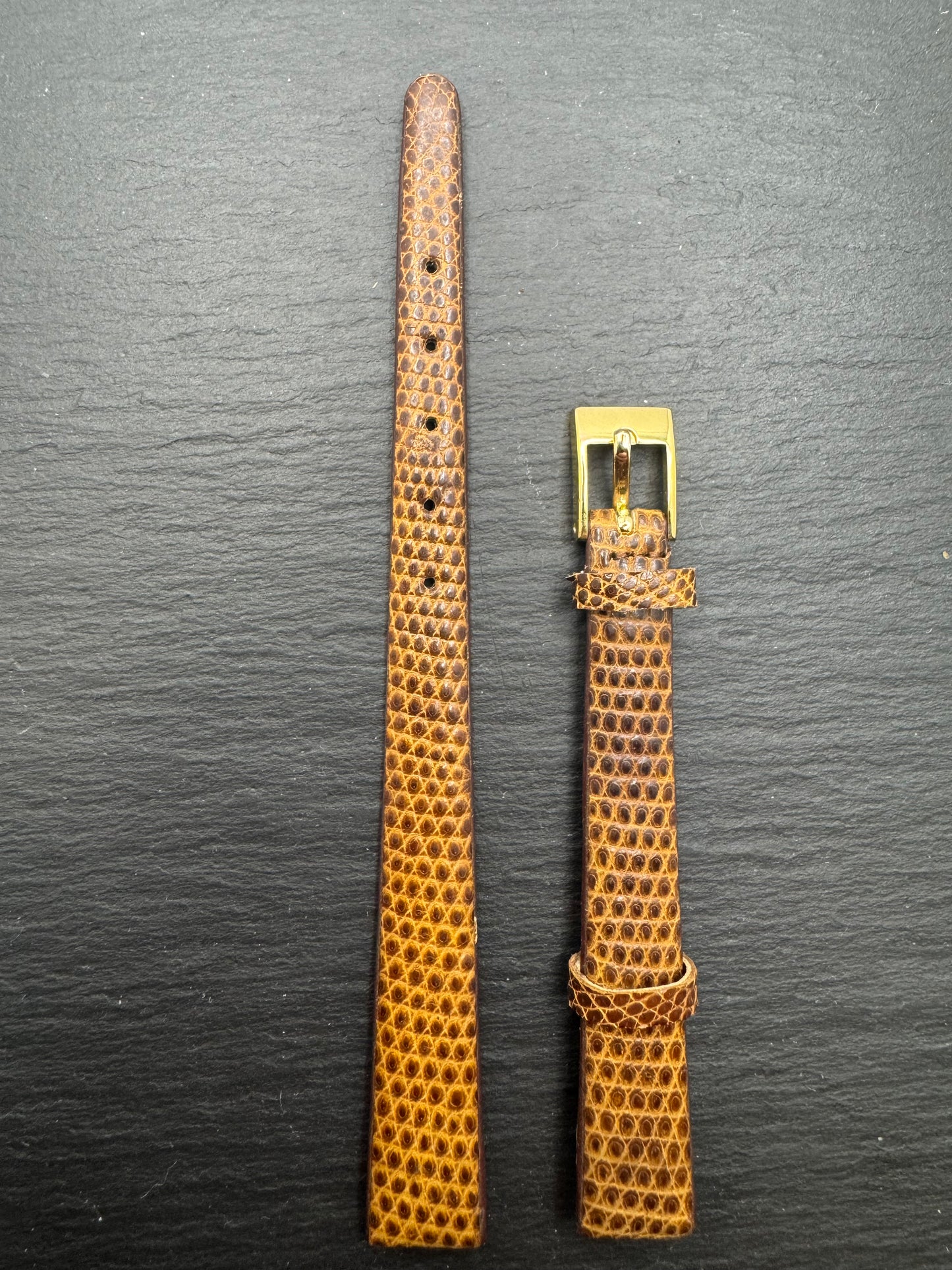 Vintage NOS Lizard Leather Strap in Honey Brown, 10 mm – also suitable for fixed lugs (clip-on clasp), with Box (Japan)