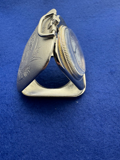 Japanese pocket alarm clock – quartz – engraved folding case with crane and ear of corn motif