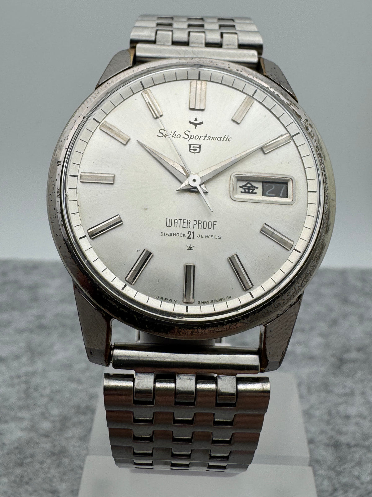 Seiko Sportsmatic 5 – Diashock 21 Jewels, Tag/Datum – originales Stahlarmband – revidiert mit Beleg