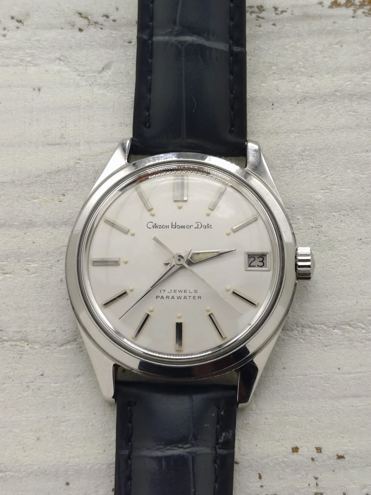 Citizen Homer Date « Parawater » – Réf. 63-1019 – Calibre Homer, 17 rubis, remontage manuel – Acier inoxydable – Mars 1969 – fraîchement révisée