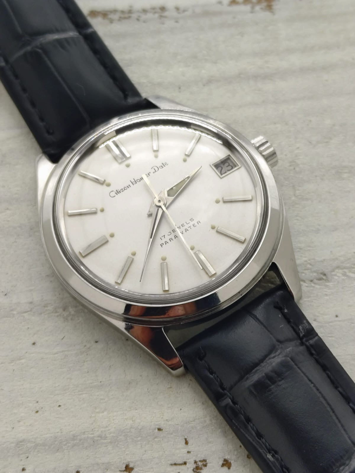 Citizen Homer Date « Parawater » – Réf. 63-1019 – Calibre Homer, 17 rubis, remontage manuel – Acier inoxydable – Mars 1969 – fraîchement révisée